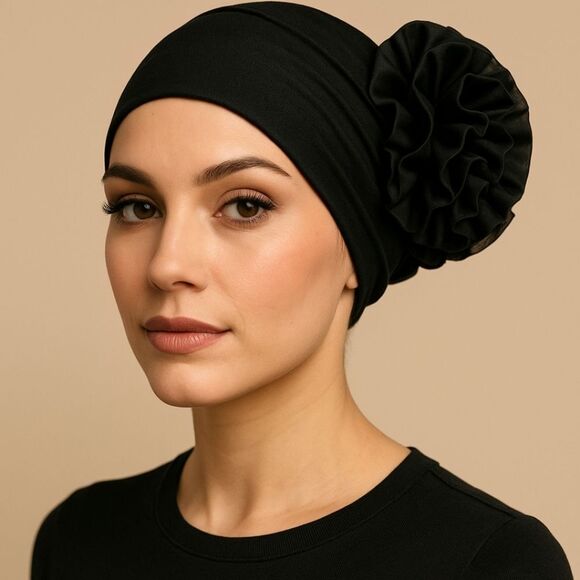 Black Ruched Knit Hat Or Hair Cover - Picture 3 of 8